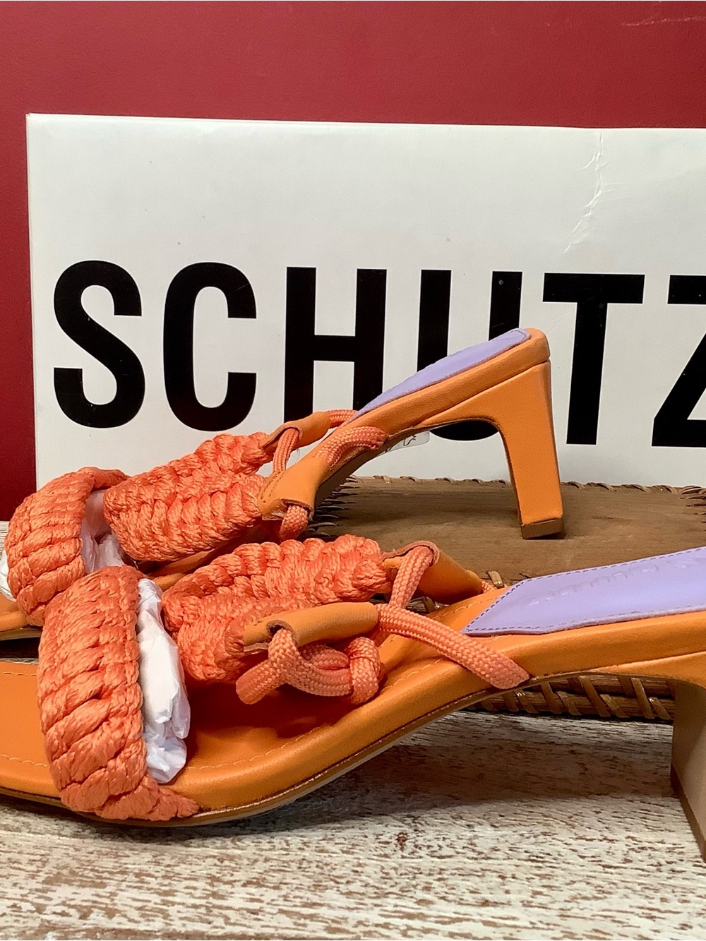 SCHUTZ NIB Blair Orange Leather Braided Strap Ankle Tie 2 1/2” Thin Block Heel - Picture 10 of 15